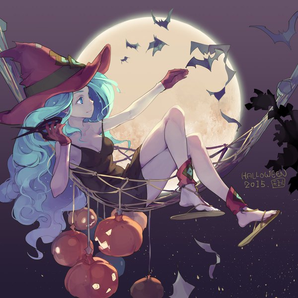 Anime picture 1200x1200 with original tennohi single long hair smile bare shoulders signed blue hair looking away cleavage full body bent knee (knees) profile aqua eyes crossed legs outstretched arm dated wavy hair strap slip halloween