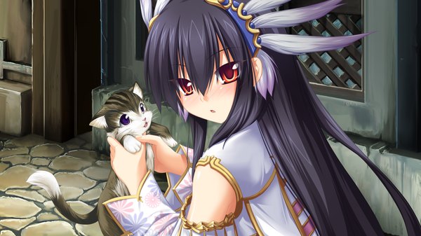 Anime picture 1024x576 with kamidori alchemy meister yuela single long hair blush fringe black hair hair between eyes red eyes wide image game cg outdoors :o girl hair ornament cat