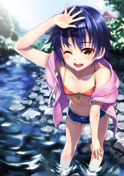 Anime picture 1414x2000 with original matsuryuu single tall image looking at viewer blush short hair light erotic red eyes blue hair one eye closed wink open clothes bare belly leaning leaning forward river girl navel shorts
