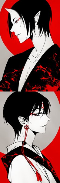 Anime picture 397x1200 with hoozuki no reitetsu wit studio hoozuki (hoozuki no reitetsu) hakutaku (hoozuki no reitetsu) tall image short hair black hair red eyes profile horn (horns) light smile pointy ears multiple boys tattoo monochrome multiview pale skin face paint demon boy