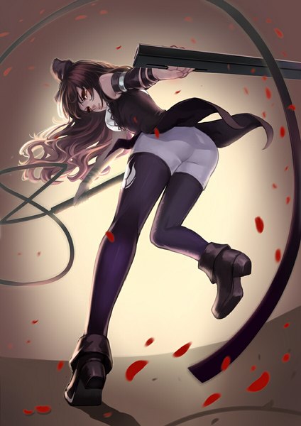 Anime picture 846x1196 with rwby rooster teeth blake belladonna -elf-jy single long hair tall image black hair brown eyes girl bow weapon hair bow detached sleeves petals pantyhose boots whip kama (weapon)