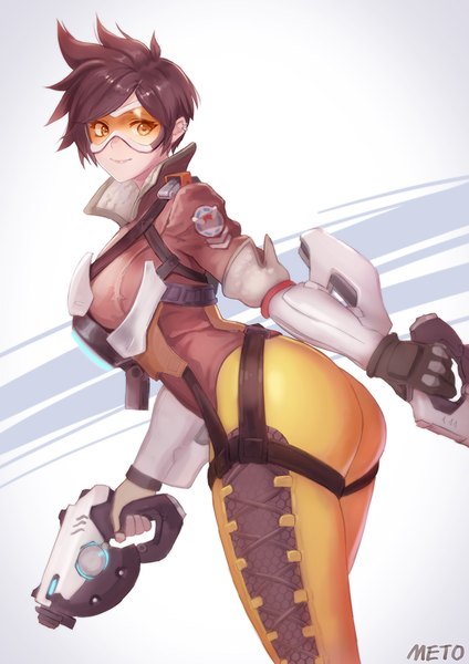 Anime picture 700x990 with overwatch blizzard entertainment tracer (overwatch) meto31 single tall image looking at viewer short hair breasts simple background smile brown hair large breasts standing holding signed ass looking back leaning leaning forward