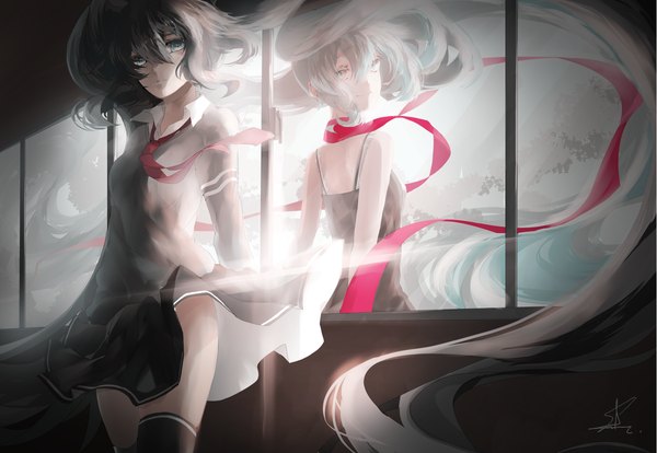 Anime picture 1439x995 with vocaloid hatsune miku saihate (d3) single long hair looking at viewer fringe blue eyes standing bare shoulders signed blue hair looking back wind back reflection open collar different reflection girl thighhighs