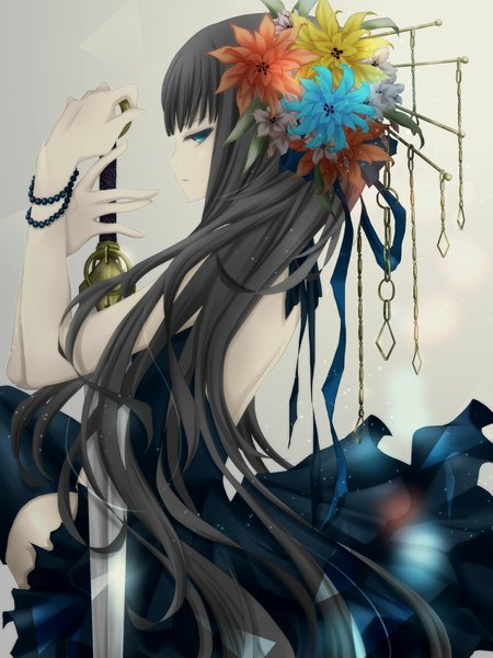 Anime picture 750x1000 with original aonoe single long hair tall image looking at viewer fringe blue eyes black hair simple background profile hair flower grey background girl thighhighs dress hair ornament flower (flowers) ribbon (ribbons) weapon