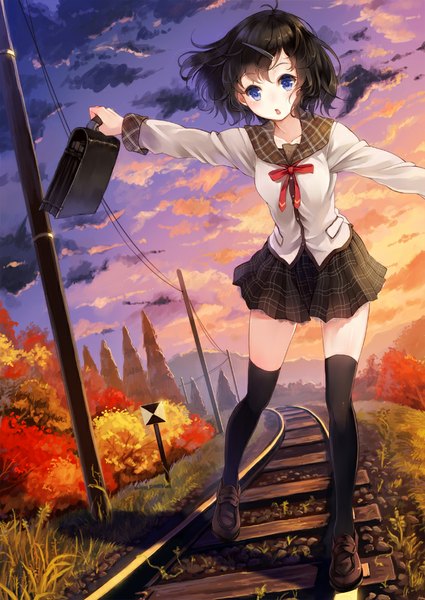 Anime picture 708x1000 with original paseri single tall image blush fringe short hair breasts open mouth blue eyes black hair holding sky cloud (clouds) pleated skirt shadow walking girl thighhighs skirt