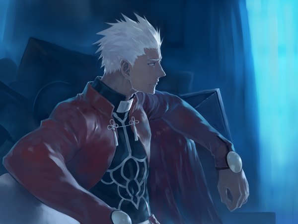 Anime picture 3840x2880 with fate (series) fate/stay night type-moon archer (fate) bob (biyonbiyon) single highres short hair sitting green eyes looking away absurdres white hair wallpaper boy