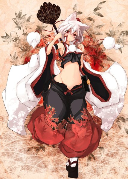 Anime picture 1000x1400 with touhou inubashiri momiji maru-pen single tall image looking at viewer short hair red eyes animal ears white hair midriff wolf ears girl navel weapon detached sleeves sword leaf (leaves) fan pom pom (clothes)