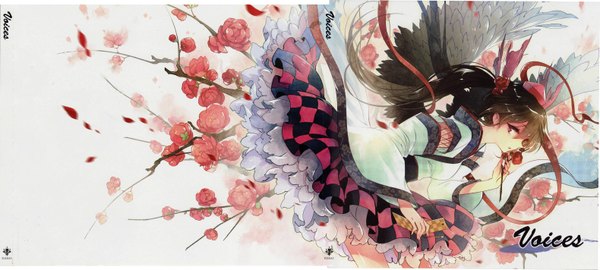 Anime picture 6316x2846 with touhou himekaidou hatate kieta long hair highres black hair red eyes brown hair wide image twintails absurdres scan inscription checkered skirt crease kourindou tengu costume girl dress skirt flower (flowers)