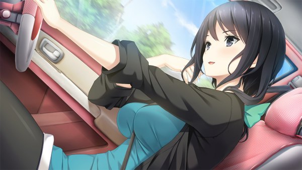Anime picture 1280x720 with haru kiss giga hyoudou amane mikoto akemi single long hair blush fringe breasts open mouth black hair wide image purple eyes looking away game cg fingernails twisty sleeves car interior driving girl