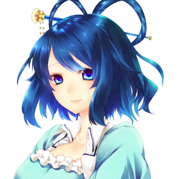 Anime picture 1200x1200 with touhou kaku seiga yutazou single looking at viewer short hair blue eyes simple background smile white background blue hair girl hair ornament
