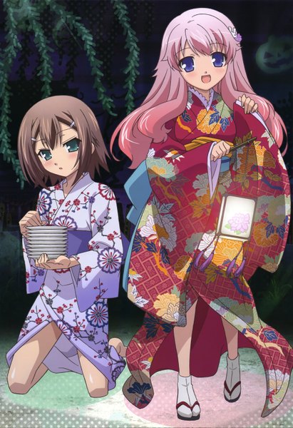 Anime picture 4086x5955 with baka to test to shoukanjuu silver link kinoshita hideyoshi himeji mizuki long hair tall image blush highres short hair open mouth blue eyes brown hair green eyes pink hair absurdres japanese clothes otoko no ko girl boy belt