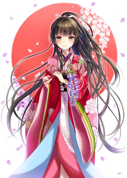 Anime picture 1500x2100 with original hakuda tofu single long hair tall image looking at viewer blush black hair smile brown eyes traditional clothes japanese clothes girl flower (flowers) petals wisteria