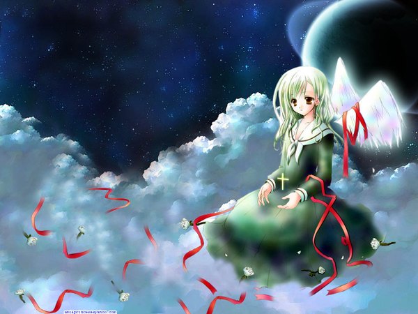 Anime picture 1280x960 with maria-sama ga miteru studio deen toudou shimako flower (flowers) ribbon (ribbons) wings planet