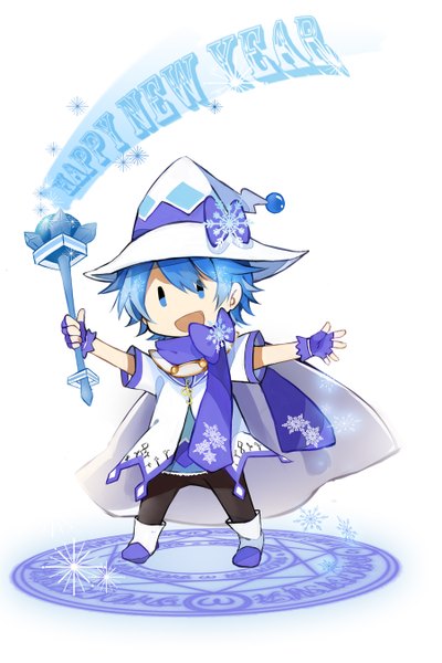 Anime picture 900x1350 with vocaloid kaito (vocaloid) yuki kaito fuuko (2679566944) single tall image looking at viewer short hair open mouth blue eyes simple background white background blue hair magic spread arms chibi new year cosplay happy new year l l