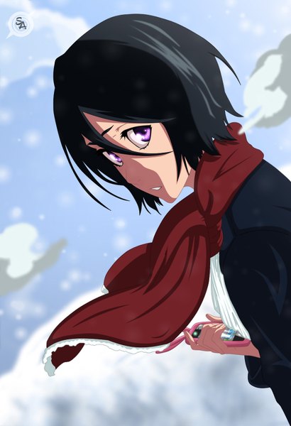 Anime picture 1024x1496 with bleach studio pierrot kuchiki rukia s-a18 (artist) single tall image short hair black hair purple eyes sky cloud (clouds) japanese clothes looking back coloring girl kimono scarf phone