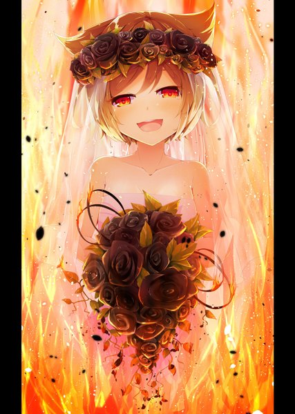Anime picture 1068x1500 with original dennryuurai single tall image looking at viewer blush fringe short hair open mouth smile brown hair bare shoulders cleavage orange eyes tears happy tears girl dress flower (flowers) rose (roses)