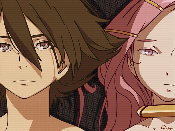 Anime picture 1024x768 with eureka seven studio bones anemone dominic sorel long hair short hair brown hair pink hair pink eyes grey eyes face girl boy hair ornament hairclip