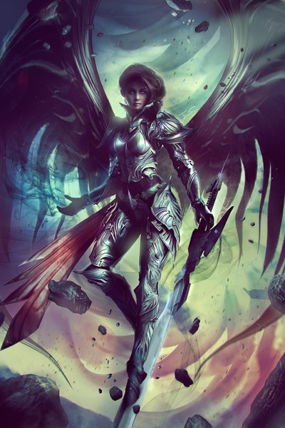 Anime picture 2000x3000 with eddy-shinjuku single tall image looking at viewer highres short hair blue eyes brown hair holding signed full body bent knee (knees) realistic shadow magic black wings weightlessness girl weapon sword