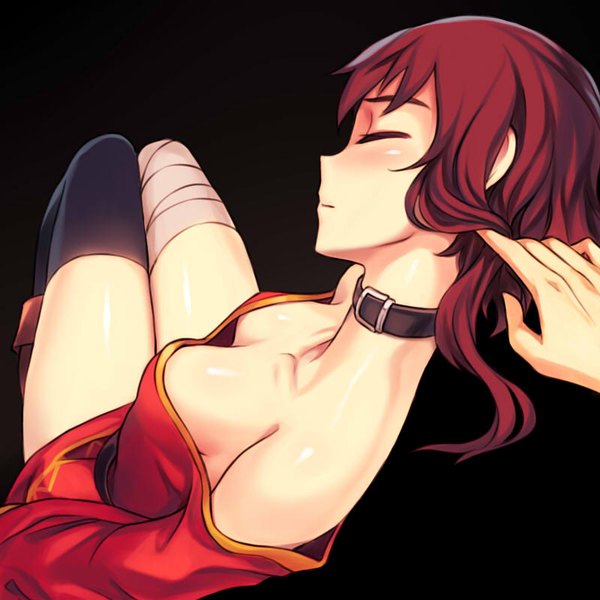 Anime picture 800x800 with kono subarashii sekai ni shukufuku wo! studio deen megumin sieyarelow blush fringe short hair breasts light erotic simple background hair between eyes large breasts sitting bare shoulders cleavage bent knee (knees) red hair eyes closed head tilt from above