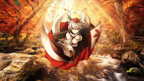 Anime picture 1920x1080 with touhou inubashiri momiji shinebell single highres breasts wide image animal ears silver hair tail animal tail sunlight wide sleeves wallpaper sunbeam serious wolf ears nature rock wolf tail