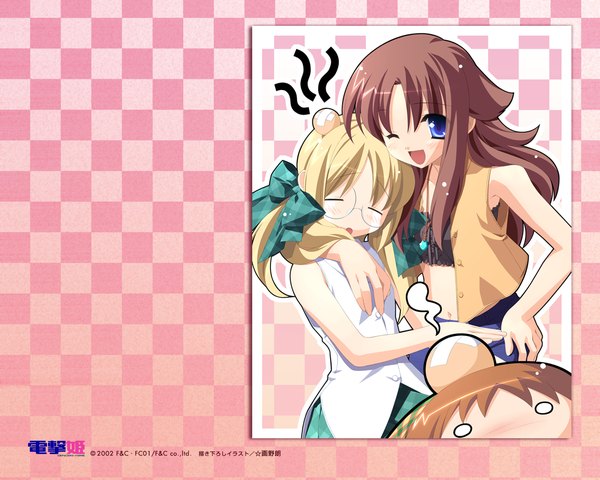 Anime picture 1280x1024 with tagme (copyright) dengeki hime gayarou long hair blush blue eyes blonde hair brown hair twintails multiple girls animal ears eyes closed one eye closed wallpaper hand on hip checkered checkered background bandaid on head 2002 girl