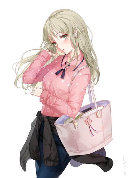 Anime picture 700x939 with original emyo single long hair tall image looking at viewer blush fringe simple background blonde hair standing white background signed long sleeves head tilt grey eyes floral print adjusting hair clothes around waist girl