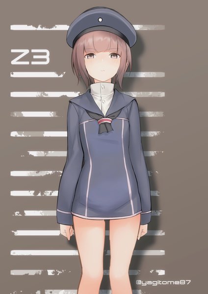 Anime picture 2893x4092 with kantai collection z3 destroyer (max schultz) yagitome87 single tall image looking at viewer highres short hair brown hair standing signed blunt bangs pink eyes character names striped background girl beret sailor suit