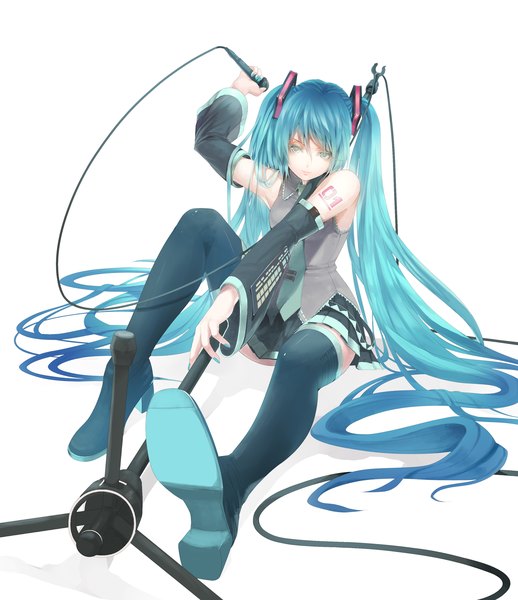 Anime picture 1426x1650 with vocaloid hatsune miku nicole pmonachi single long hair tall image looking at viewer simple background white background sitting twintails bare shoulders very long hair aqua hair girl skirt detached sleeves miniskirt necktie thigh boots