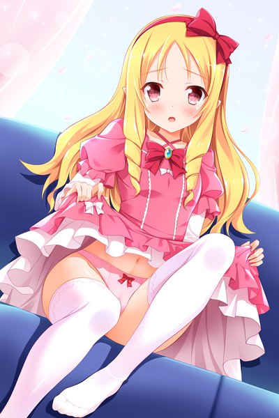 Anime picture 1000x1500 with eromanga sensei a-1 pictures yamada elf bashen chenyue single long hair tall image looking at viewer blush open mouth light erotic blonde hair red eyes pointy ears drill hair girl thighhighs dress underwear panties