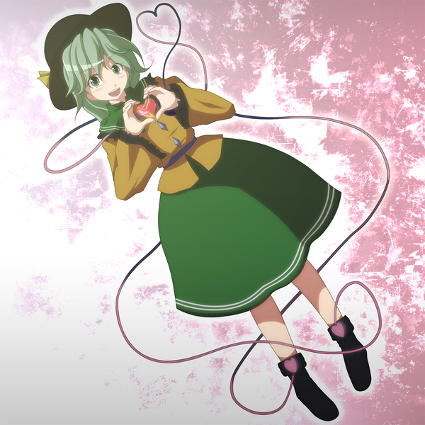 Anime picture 1500x1500 with touhou komeiji koishi s-syogo single blush short hair open mouth smile green eyes green hair heart hands heart of string girl dress hat heart