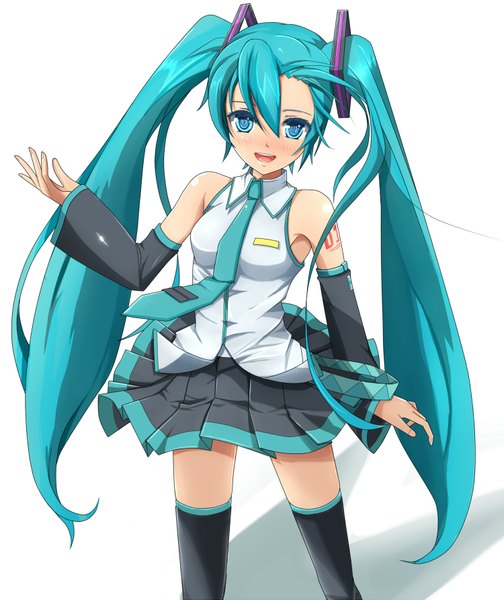 Anime picture 1500x1783 with vocaloid hatsune miku eto sukesan single long hair tall image open mouth white background twintails aqua eyes aqua hair girl skirt detached sleeves miniskirt necktie