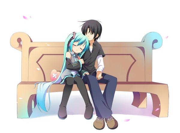 Anime picture 1482x1100 with vocaloid hatsune miku masaki (machisora) long hair short hair twintails eyes closed black eyes aqua hair loli couple girl boy detached sleeves necktie thigh boots bench
