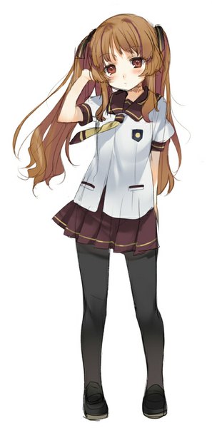 Anime picture 448x904 with ano natsu de matteru j.c. staff yamano remon kippu single long hair tall image looking at viewer blush fringe simple background red eyes brown hair white background twintails full body wind girl uniform ribbon (ribbons)