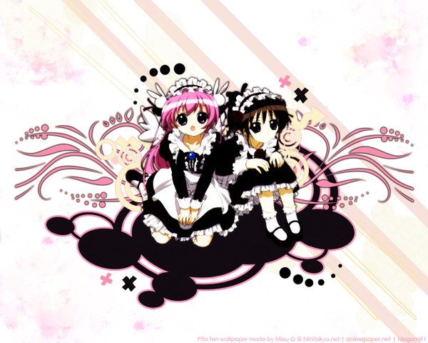 Anime picture 1280x1024 with pita ten misha (pita ten) shia (pita ten) koge donbo missyg long hair looking at viewer open mouth brown hair white background sitting multiple girls signed pink hair full body from above maid third-party edit girl uniform