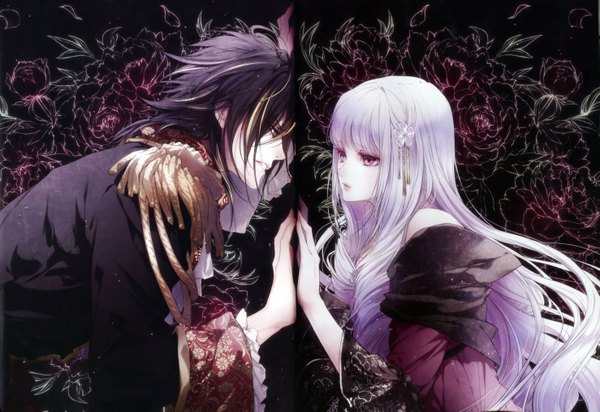 Anime picture 5908x4059 with reine des fleurs violette (reine des fleurs) leon (reine des fleurs) usuba kagerou long hair highres black hair blonde hair purple eyes absurdres purple hair white hair profile pink eyes multicolored hair couple floral print drill hair eye contact clenched teeth