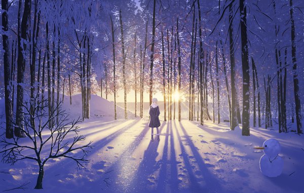 Anime picture 1400x891 with original doora (dora0913) single long hair looking at viewer black eyes sunlight shadow winter snow horizon mountain revision hands in pockets bare tree morning sunrise footprints girl plant (plants)