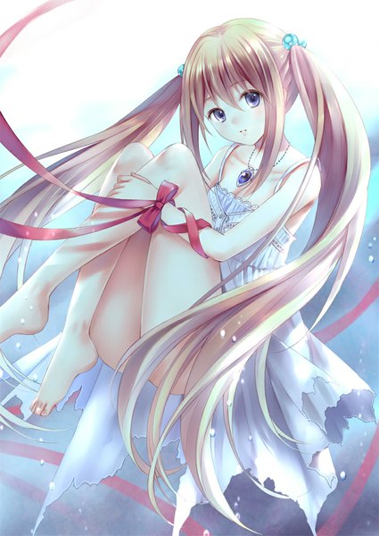 Anime picture 708x1000 with original fukahire (ruinon) single tall image looking at viewer blue eyes blonde hair twintails very long hair barefoot bare legs girl dress ribbon (ribbons) pendant sundress