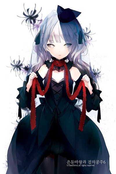 Anime picture 700x1050 with eundunmawang-gwa geom-ui gongju lpip single tall image looking at viewer fringe standing white background holding silver hair blunt bangs parted lips grey eyes copyright name cover cover page korean girl dress flower (flowers)
