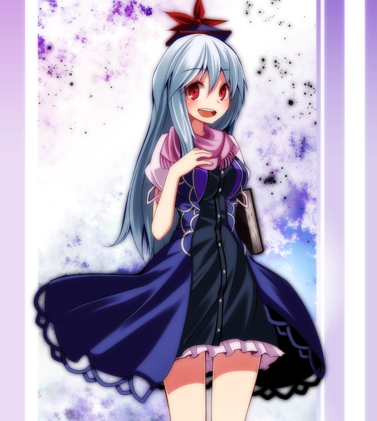 Anime picture 1792x2000 with touhou kamishirasawa keine s-syogo single long hair tall image looking at viewer blush highres open mouth red eyes silver hair adapted costume girl dress hat scarf book (books)