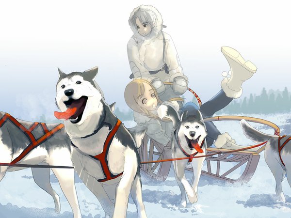 Anime picture 1024x768 with original souldeep blonde hair white hair braid (braids) twin braids winter snow girl boots tongue pants coat dog sled husky