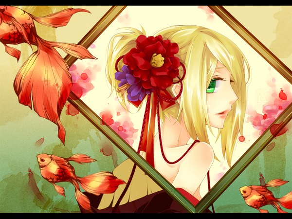 Anime picture 1333x1000 with vocaloid kagamine rin blonde hair green eyes girl flower (flowers)