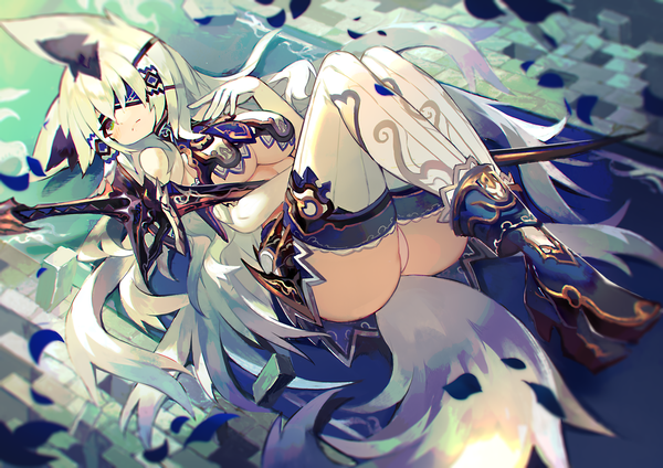 Anime picture 1500x1060 with original mamuru single long hair blush fringe breasts light erotic hair between eyes large breasts green eyes animal ears looking away bent knee (knees) ass white hair tail lying animal tail from above
