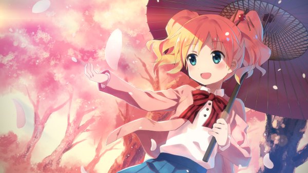 Anime picture 1280x720 with kin-iro mosaic alice carteret yuuki tatsuya single blush fringe short hair open mouth blonde hair smile wide image twintails holding green eyes looking away pleated skirt shadow cherry blossoms happy outstretched hand