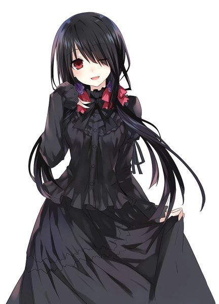 Anime picture 1000x1389 with date a live tokisaki kurumi tsunako single long hair tall image looking at viewer fringe open mouth black hair simple background red eyes white background twintails one eye closed wink hair over one eye official art low twintails ;d