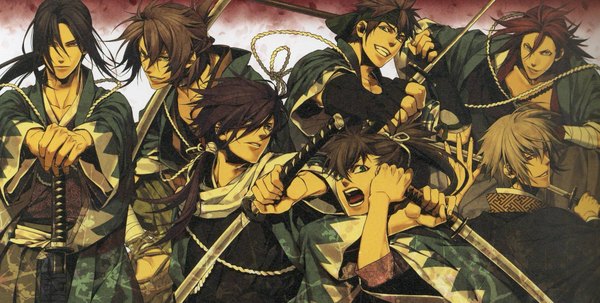 Anime picture 2000x1012 with hakuouki shinsengumi kitan studio deen tagme (character) saito hajime okita souji (hakuouki) hijikata toshizou (hakuouki) chikage kazama sanosuke harada toudou heisuke fringe highres short hair open mouth black hair brown hair wide image purple hair ponytail red hair traditional clothes