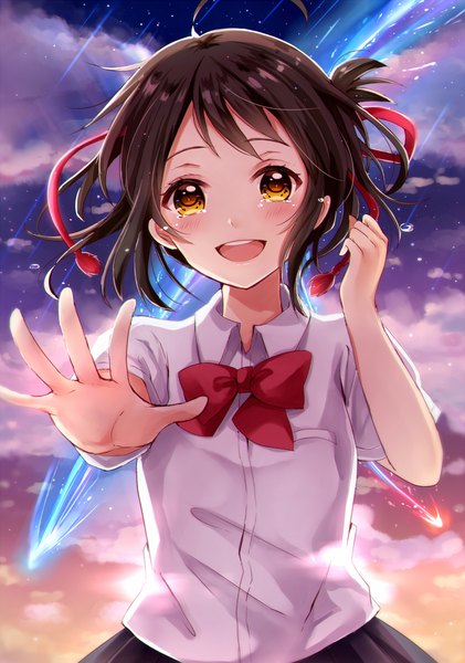Anime picture 830x1184 with kimi no na wa miyamizu mitsuha sakura hiyori single tall image looking at viewer short hair open mouth smile brown hair brown eyes cloud (clouds) ahoge pleated skirt sunlight tears outstretched arm happy happy tears meteor rain