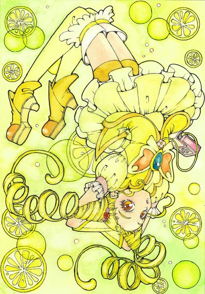 Anime picture 795x1135 with precure yes! precure 5 yes! precure 5 gogo! toei animation kasugano urara (yes! precure 5) cure lemonade sayococco single long hair tall image looking at viewer open mouth blonde hair hair bun (hair buns) orange eyes puffy sleeves drill hair arms behind head upside down magical girl