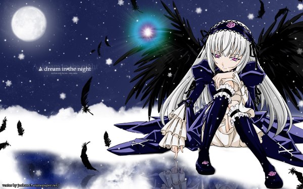 Anime picture 2560x1600 with rozen maiden suigintou highres wide image signed vector wings moon feather (feathers)