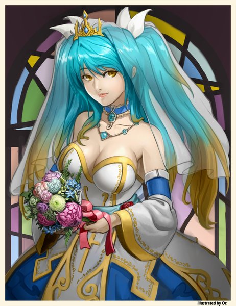 Anime picture 1556x2019 with league of legends sona buvelle oz (artist) single tall image looking at viewer breasts blue eyes large breasts twintails bare shoulders yellow eyes girl flower (flowers) detached sleeves crown bouquet wedding veil stained glass