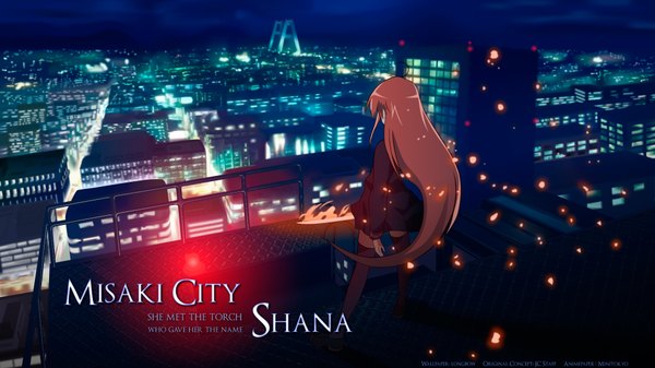 イラスト 1920x1080 と 灼眼のシャナ j.c. staff シャナ いとうのいぢ ソロ 長髪 highres wide image from behind オレンジ髪 inscription 仕事絵 cityscape 女の子 ストッキング 制服 黒ストッキング 学生服 剣 日本刀